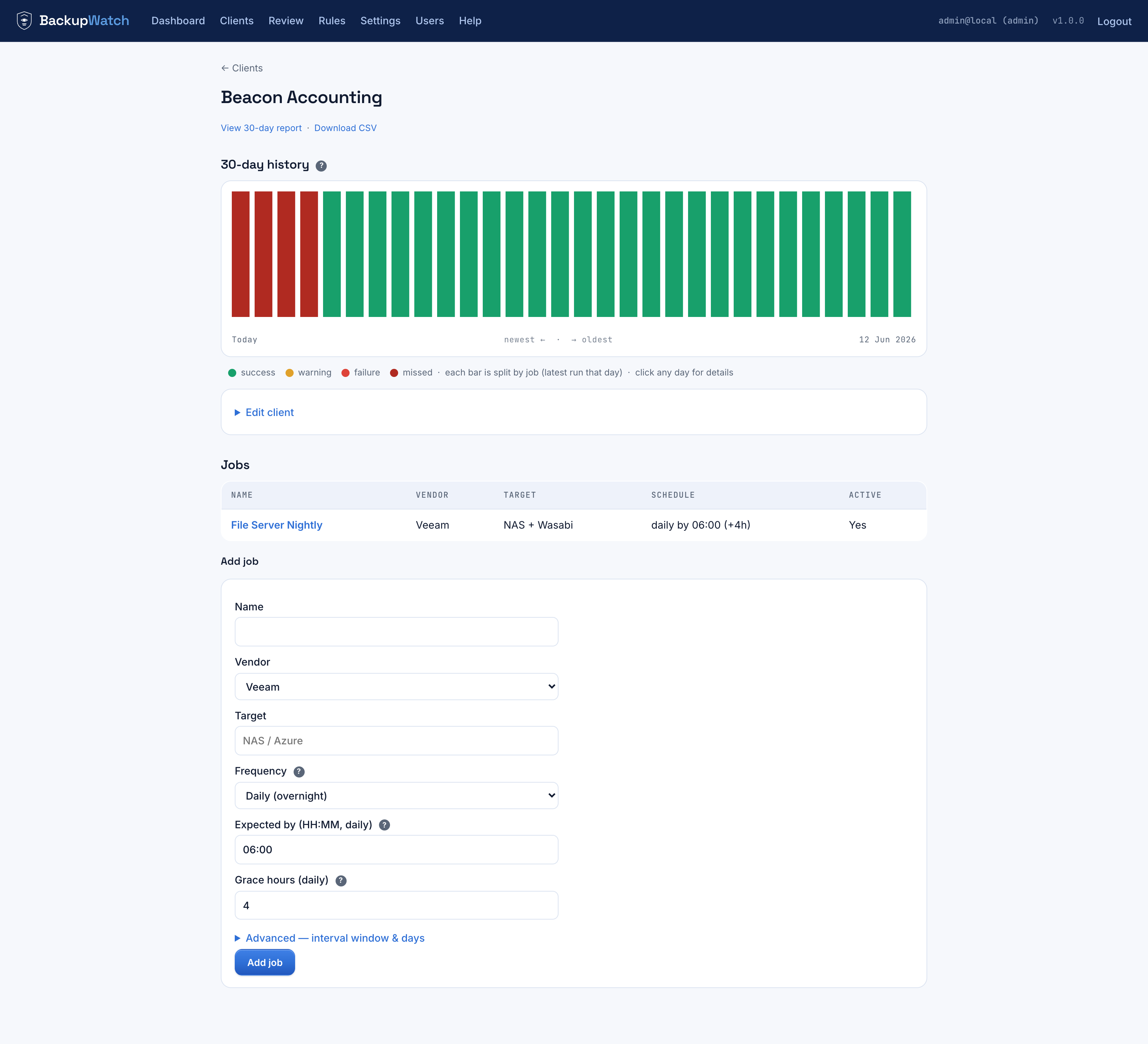 Client detail page with 30-day history and Add job form