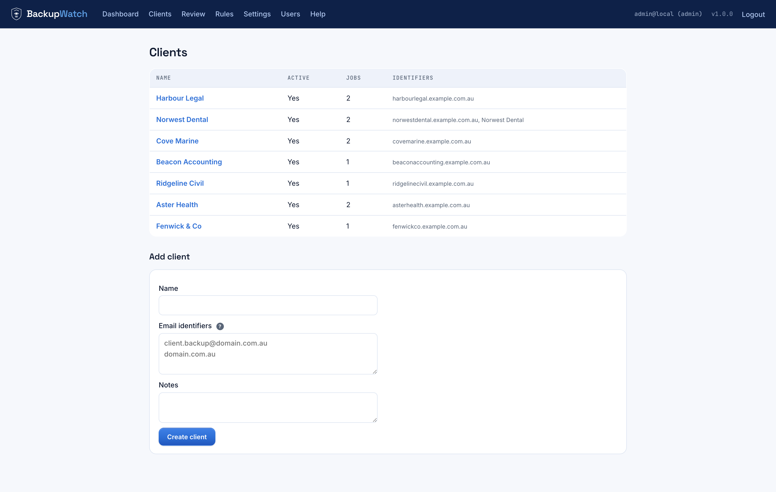 Clients list and Add client form