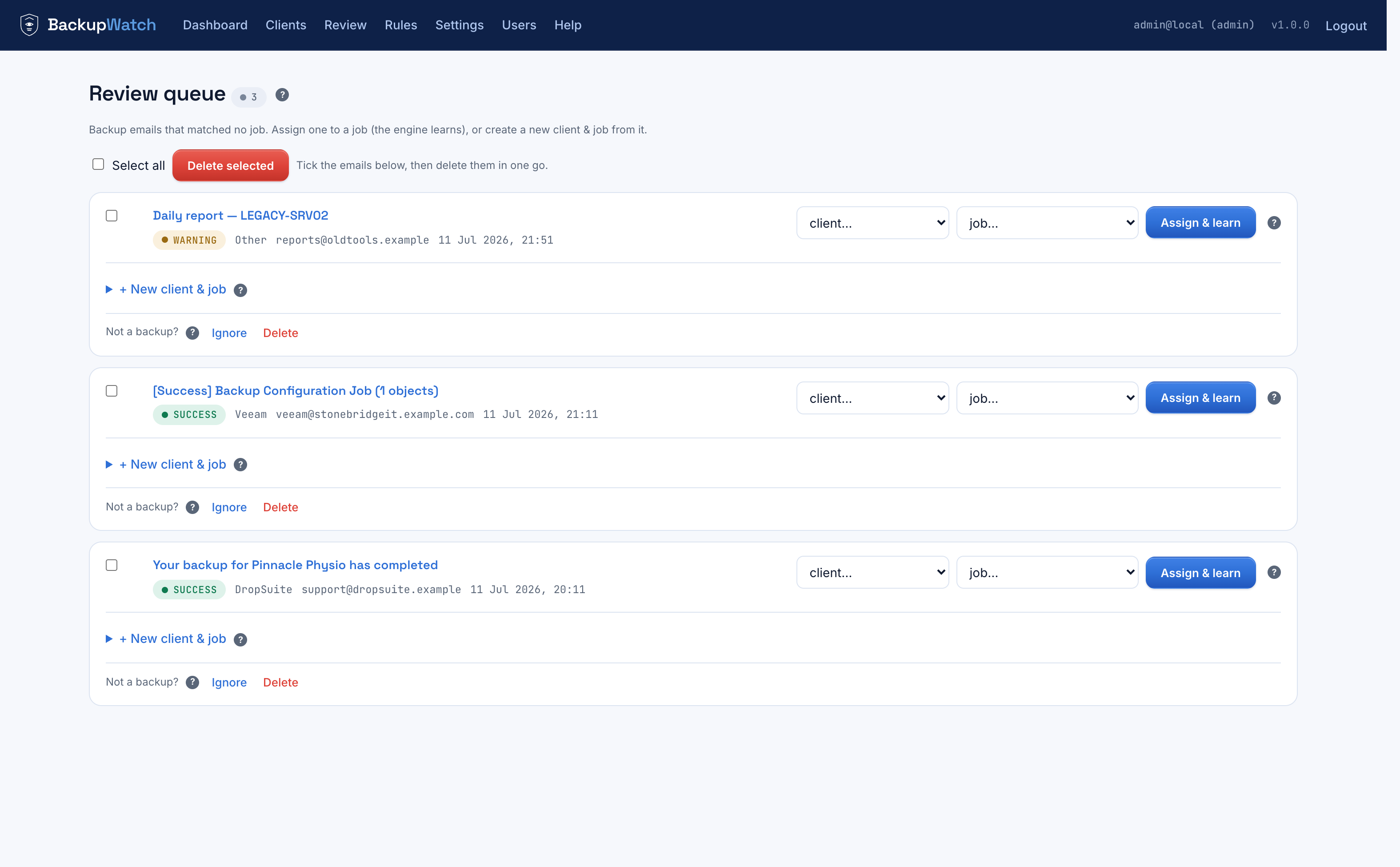 Review queue with unmatched emails and assignment controls
