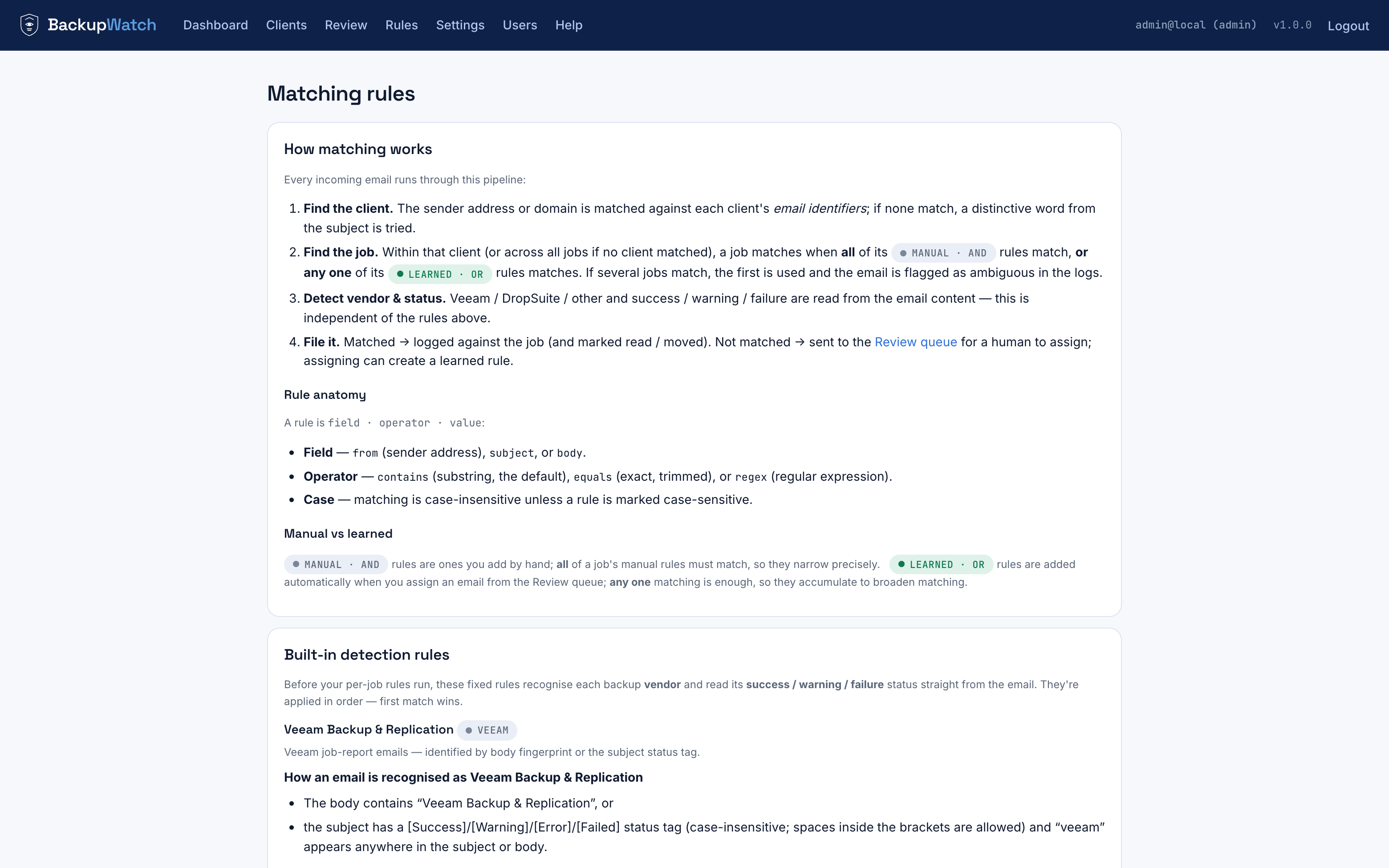 In-app Rules help page explaining the matching pipeline