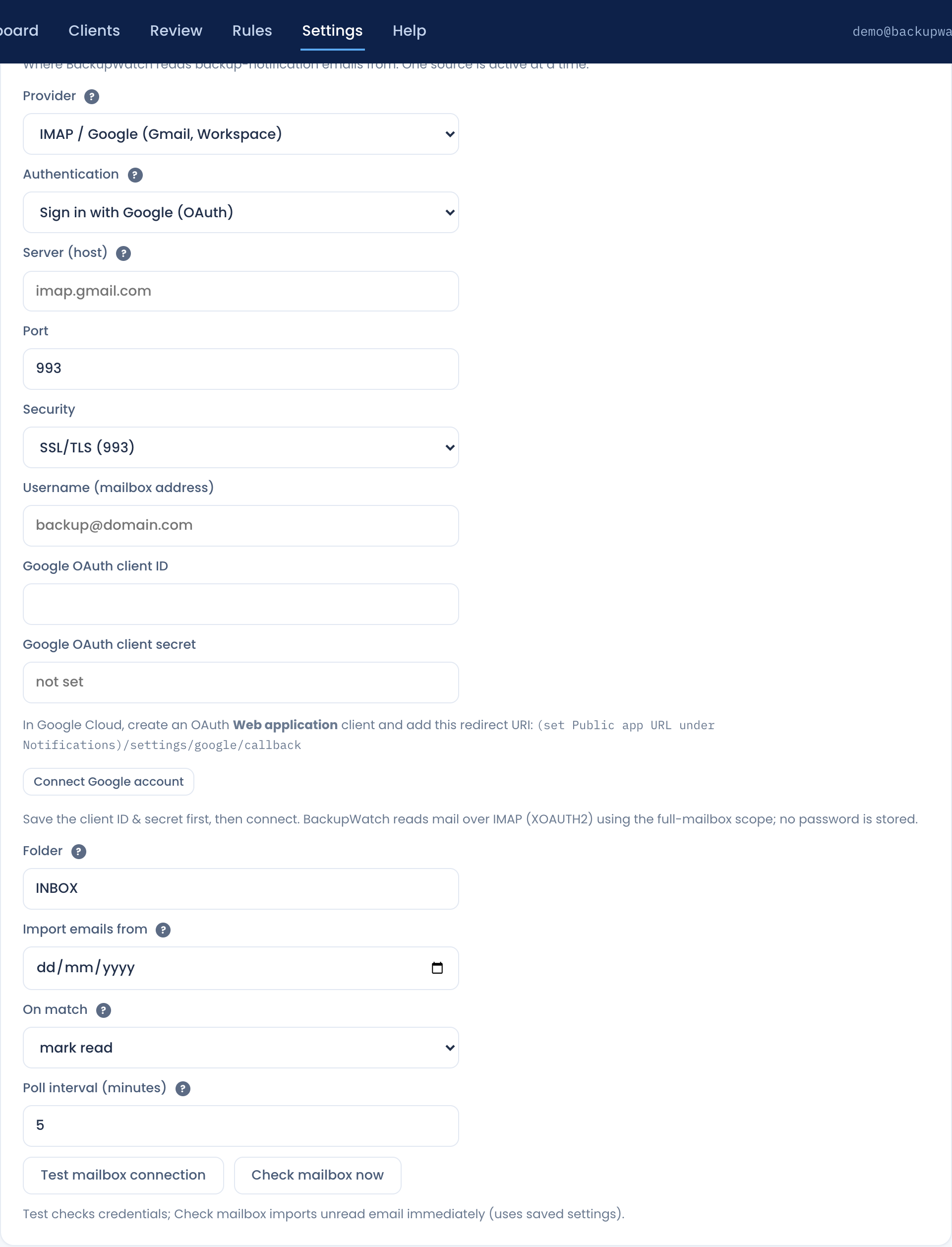Settings, Mailbox tab, with the IMAP / Google provider and Sign in with Google selected