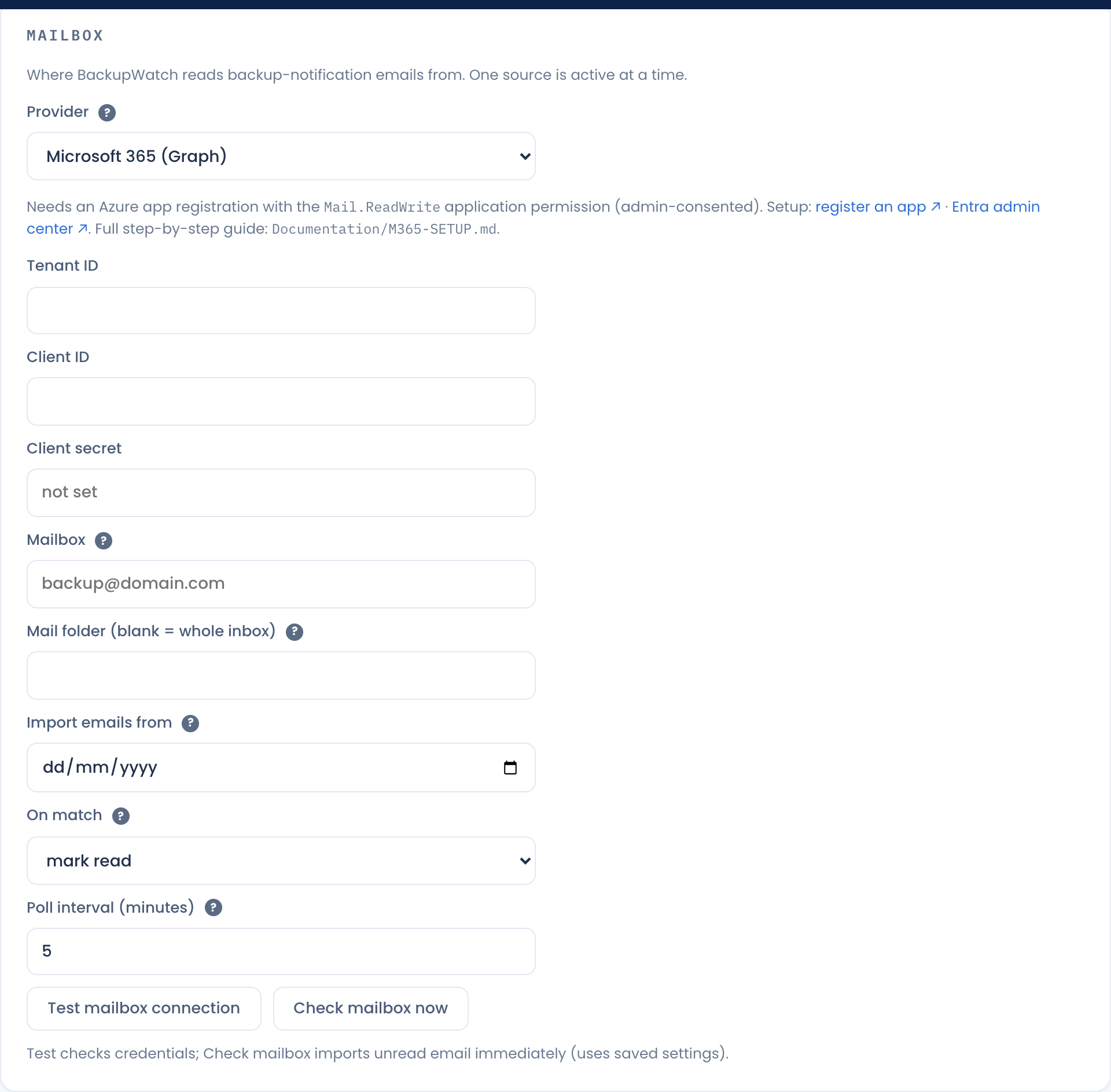 Settings page, Microsoft 365 panel