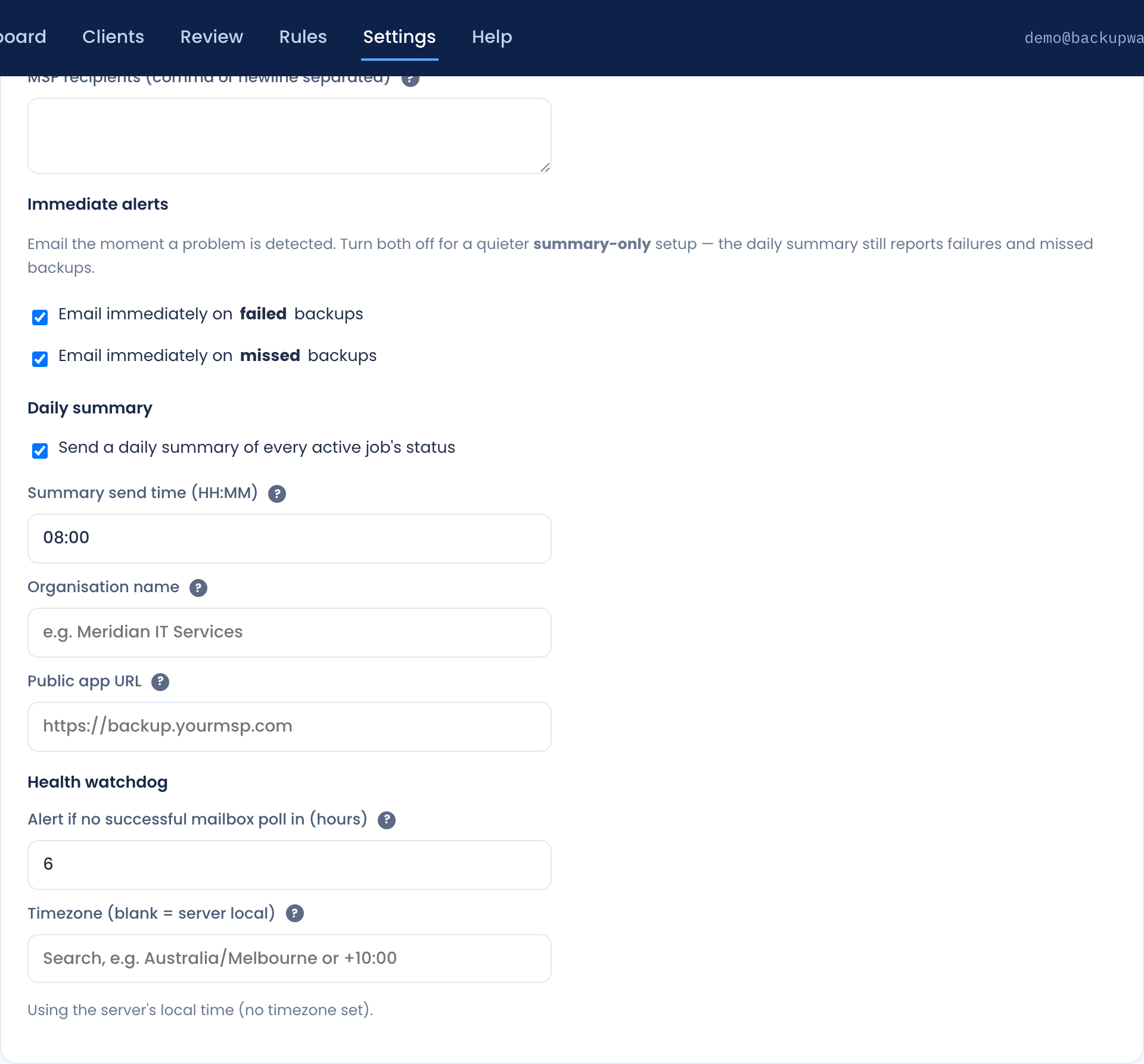 Settings, Notifications panel: recipients, immediate alerts, daily summary, health watchdog and timezone