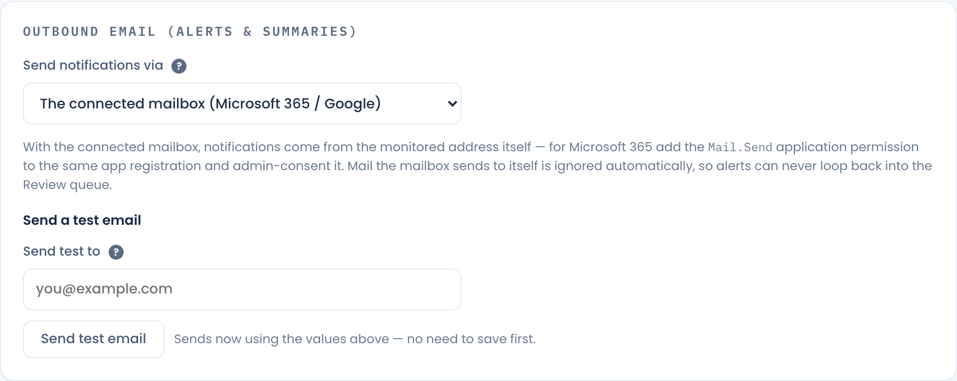 Outbound email panel with the connected mailbox selected and the SMTP fields hidden