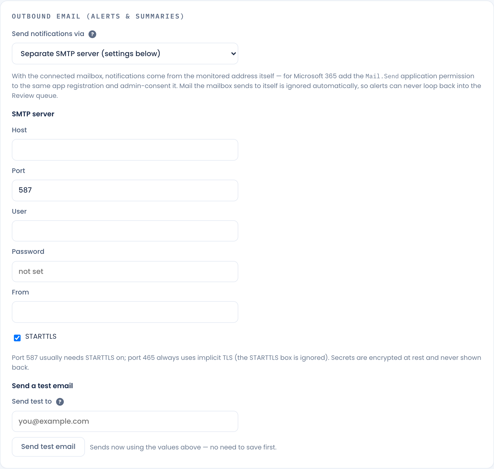 Outbound email panel with a separate SMTP server selected, showing host, port, user, password, from and STARTTLS