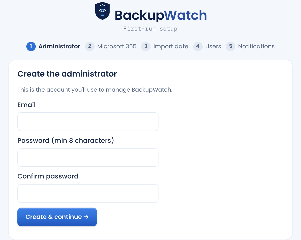 Setup wizard step 1: create the administrator account