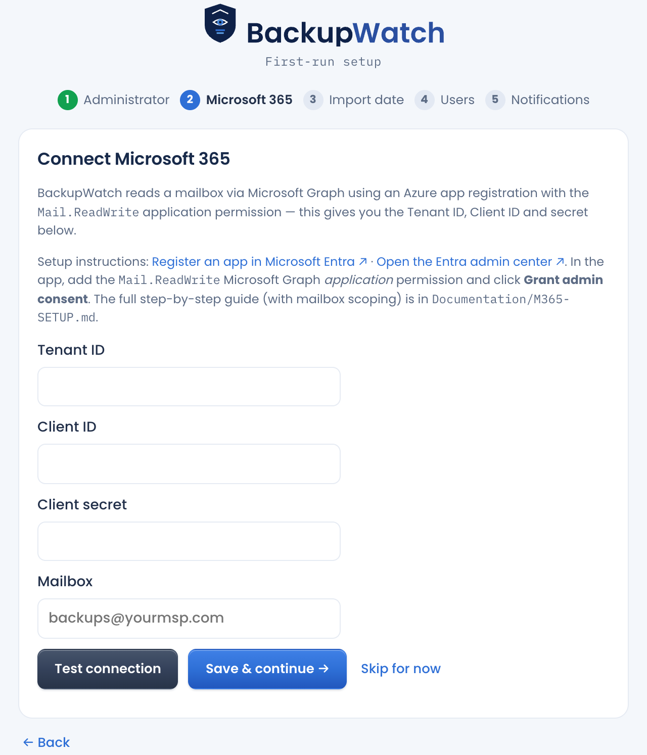 Setup wizard step 2: connect Microsoft 365