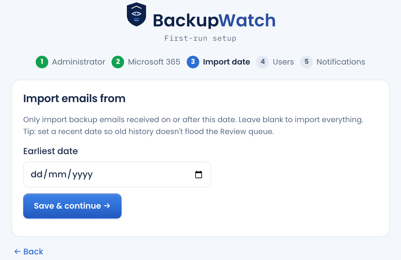Setup wizard step 3: choose the import start date