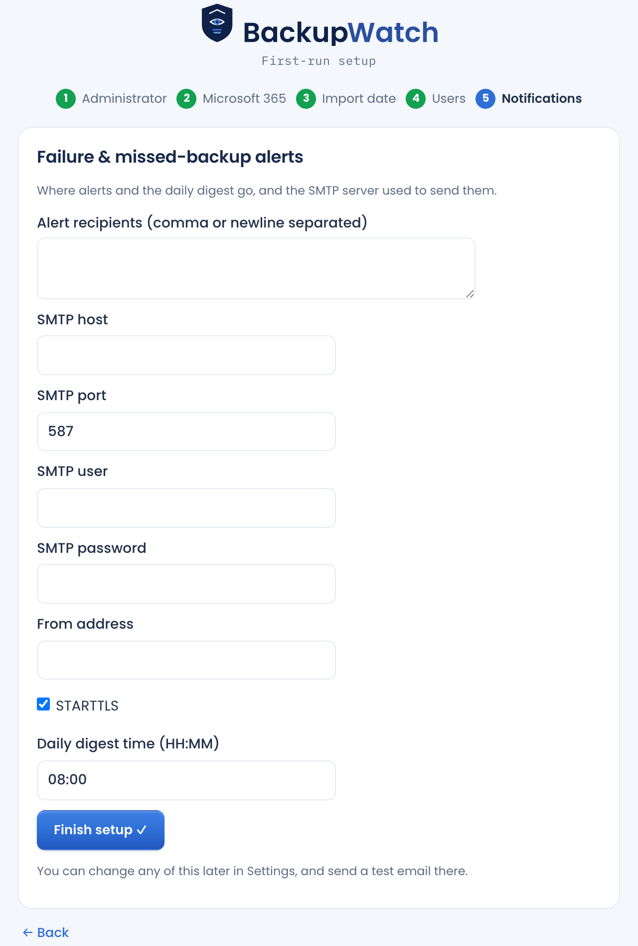 Setup wizard step 5: configure alerts and SMTP